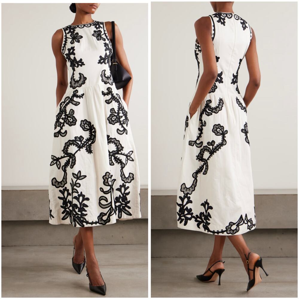 Ulla Johnson Sonali Ivory Black Appliqué Cotton Midi Dress Size 4 - Picture 2 of 9